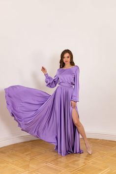 Lavender Party Dress With Sweep Train, Lavender Dress With Sweep Train For Party, Purple Bridesmaid Dress For Prom Evening, Purple Satin Evening Dress With Sweep Train, Elegant Purple Floor-length Bridesmaid Dress, Elegant Purple Maxi Dress For Prom, Purple Satin Dress With Sweep Train, Elegant Purple Party Bridesmaid Dress, Elegant Purple Bridesmaid Dress For Party