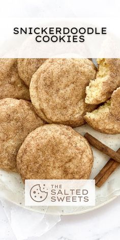 cinnamon sugar cookies on a white plate with cinnamon sticks in the foreground and text overlay reading, snickkerpoodle cookies