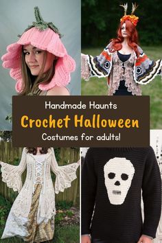 crochet halloween costumes for adults with text overlay that reads, handmade hunts crochet halloween costumes for adults