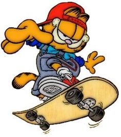 the garfield skateboarder is riding on his board