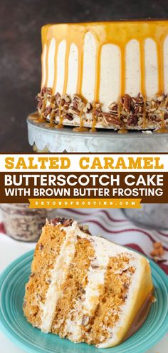 What your holiday baking list needs! With plenty of salted caramel goodness plus a brown butter frosting, this easy butterscotch cake recipe is the BEST. Such a decadent sweet treat! Save this Christmas dessert idea! Butterscotch Ice Cream Cake, Salted Caramel Butterscotch Cake, Caramel Butterscotch Cake, Specialty Cakes Recipes, Butterscotch Cake Designs, Salted Caramel Kentucky Butter Cake, Butterscotch Cake Recipe, Dessert Potluck, Cake With Brown Butter Frosting