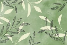 a green and white wallpaper with leafy branches on the left side, in shades of light green