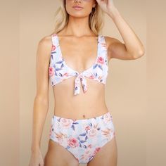 Size Medium Top & Bottom. Tie Front Top, Pink Rose Floral & Blue Stripe Print. Hygienic Liner Still In Place. Feminine Printed Swimwear For Poolside, Feminine Printed Swimwear For Vacation, Feminine Swimwear For Spring Vacation, Feminine Floral Print Swimwear For Beach, Feminine Printed Swimwear For The Beach, Feminine Printed Swimwear For Beach, Feminine Printed Swimwear For Spring, Red Dress Women, White Long Sleeve Dress