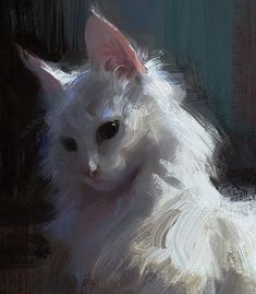 a painting of a white cat with black eyes and pink ears sitting on a couch