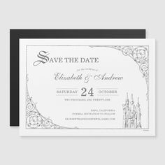 save the date card with an ornate frame and castle in black on white, sitting on a marble surface