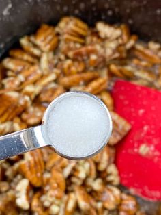 the spoon is full of sugary pecans and ready to be cooked in the slow cooker