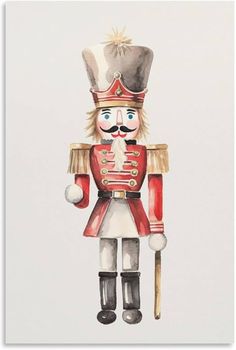 a watercolor painting of a nutcracker wearing a red uniform and holding a cane