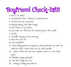 a poem with the words boyfriend check - list written in purple ink on white paper