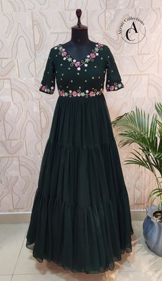 Material: Mangalgiri Long frock. Size: 38″ chest , 56″ length. Back open with zip Long Frock Designs For Women, Frocks Designs For Women, Long Frock Models, Long Frocks For Women, Floral Long Frocks, Simple Frock, Frock Models, Frocks And Gowns, Latest Maxi Dresses