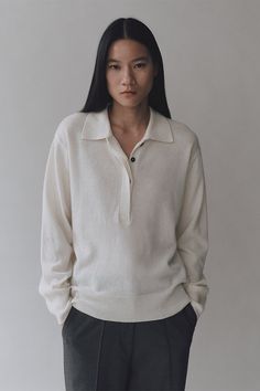 Mijeong Park cashmere blend polo sweaters shirt cream | Pipe and Row Mijeong Park, Polo Style, Polo Sweater, British Indian, Button Placket, Modern Woman, Timeless Pieces, South Korea, Merino Wool