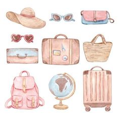 watercolor illustration of travel items including suitcases, hat, sunglasses and other accessories