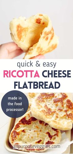 the recipe for ricotta cheese flatbread is shown with text overlay that reads quick and easy ricotta cheese flatbread made in the food processor