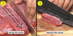 a person cutting meat with a knife on top of it next to another piece of meat that has been cut into smaller pieces