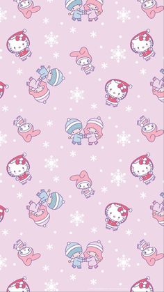 hello kitty wallpaper in pink with snowflakes and stars on the bottom half