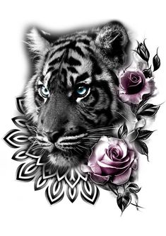 a black and white tiger with roses around it's neck