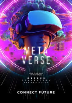 a futuristic poster with the words meta verse and an image of a woman in a virtual headset