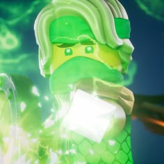 the lego movie character in green is holding a light up device and looking at something