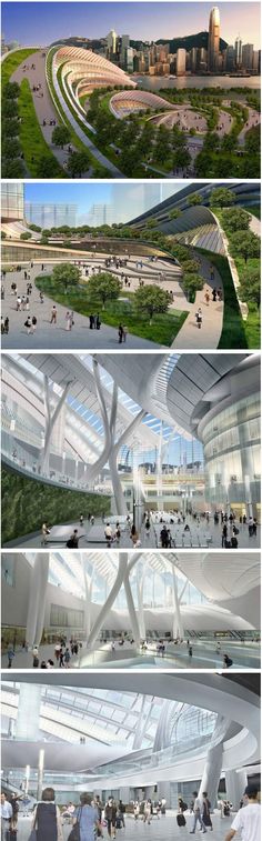 three different views of an airport with people walking and sitting in the terminal area, from top to bottom