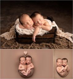 two newborn babies cuddling in a wooden crate