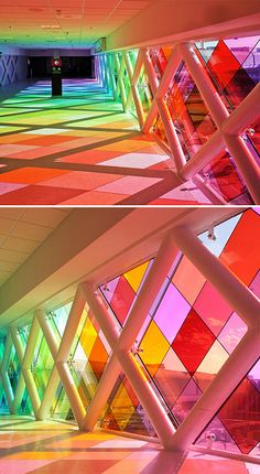 two images of colorful glass windows in a building with white metal railings and flooring