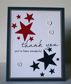 a thank you card with red and black stars on the bottom, and white background