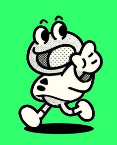 an image of a cartoon character running with his arms out and eyes closed, on a green background