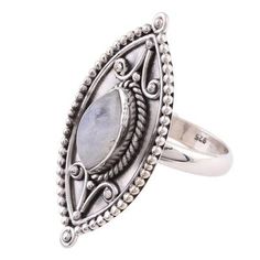 Aparna of India presents this stunning sterling silver cocktail ring. The ring features a unique marquise shape. This ring features a rainbow moonstone which is known for its feminine spiritual energy. Silver Marquise Moonstone Ring, Single Stone Ring, Moonstone Ring Sterling Silver, Turquoise Pendant Necklace, Jewelry Workshop, Bohemian Rings, Boho Ring, Sterling Silver Necklace Pendants, Traditional Jewelry