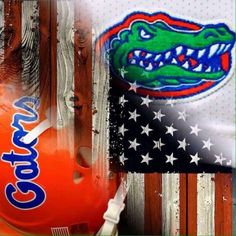 an orange football helmet with the logo of the university of florida on it next to an american flag