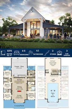 two story house plans with an open floor plan for the front and back of the house