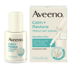 Aveeno Calm + Restore Triple Oat Serum designed for sensitive skin with nourishing oat goes beyond soothing & restores skin's natural moisture barrier. The hydrating face serum absorbs quickly & leaves skin feeling soothed & hydrated after just one use. In fact, 92% agreed skin felt instantly smooth. Lightweight serum with a Triple Oat Complex soothes & nourishes skin plus calming feverfew, known to effectively calm irritated, dry skin while strengthening skin's moisture barrier. The hypoallerge Serum For Sensitive Skin, The Ordinary Peeling Solution, Hydrating Face Serum, Dermatologist Recommended Skincare, Moisturizer For Sensitive Skin, Facial Moisturizers, Hydrating Serum, Face Hydration, Skin Cleanser Products