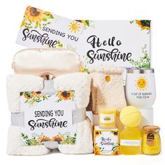 PRICES MAY VARY. SUNSHINE FOR HER - Looking for a unique and thoughtful care package to comfort someone facing tough times? Kederwa presents a get-well-soon gift filled with 10pcs vibrant and cheerful sunflower-themed item to express your love and support in a special way. 10PCS GET WELL SOON GIFTS FOR WOMEN: Our Sunshine Gifts for Women contain a collection of thoughtfully curated items, including a luxurious blanket, sunshine tumbler, handmade soap, bath bomb, silk eye mask, cozy socks and gre Feel Better Baskets For Her, Gifts For People Going Through Chemo, Basket Full Of Sunshine, Yellow Box Of Sunshine Gift Ideas, Thinking Of You Gifts Care Packages Box Of Sunshine, Get Well Baskets, Thank You Presents, Spa Essentials, Sunflower Gifts