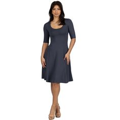 This simple but elegant a line knee length dress is a must have in any closet. Featuring half sleeves, slim fit waist, scoop neckline and soft flare hemline, this dress offers a comfortable fit for all silhouettes. Easy to dress up or down or to layer with, this is a versatile and timeless piece for every season. Made from a comfortable stretch material.. Stretch A-line Mini Dress For Daywear, Knee-length Fit And Flare Mini Dress For Daywear, Solid Knee-length Dress For Daywear, Knee-length Dress For Daywear, Knee-length Fit And Flare Midi Dress, Flattering Fit And Flare Knee-length Mini Dress, Flattering Knee-length Fit And Flare Mini Dress, Flattering Knee-length Midi Dress For Daywear, Flattering Solid Color A-line Dress