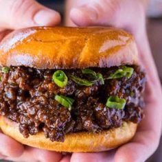 a person holding a sloppy joe sandwich in their hands