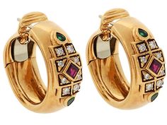 High polish yellow gold hoops feature an exotic pattern at the front composed of diamonds around a central square-cut ruby with a pair of teardrop-shaped emeralds at top and bottom. Emerald And Diamond Earrings, Royal Families Of Europe, Central Square, Ancient Designs, Gold For Sale, Jeweled Earrings, Jewellery Marketing, Cartier Jewelry, Ruby Emerald