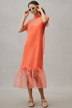 The BHLDN Charlotte Short-Sleeve Organza Midi Dress emanates timeless sophistication with its delicate organza fabric and elegant silhouette, ensuring a captivating presence at any occasion. | Charlotte Short-Sleeve Organza Midi Dress by BHLDN in Orange, Women's, Size: Smallmall, Polyester at Anthropologie August Outfits, Organza Midi Dress, Greece Outfit, Unique Bridesmaid Dresses, Orange Fits, Anthropologie Wedding, Maid Of Honour Dresses, Affordable Bridesmaid Dresses, Guest Attire