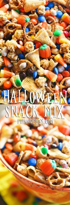 halloween snack mix in a bowl with the words halloween snack mix on it and an image of