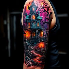 a man's arm with a house and trees on it