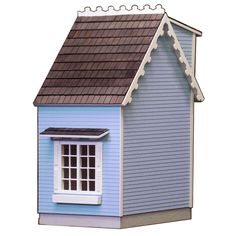 a blue house with a brown roof and white trim on the top, is shown in front of a white background