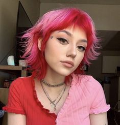 Pink Mullet Hairstyle Women, Double Dyed Hair, Red Split Hair Dye, Red Pink Hair Short, Pink Over Red Hair, Red To Pink Ombre Hair Short, Hayley Williams Pink And Orange Hair, Red Roots Pink Ends Hair, Hair Fashion Color Ideas