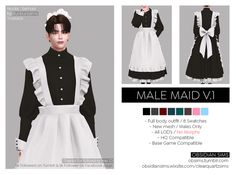 the dress is black and white with ruffles, collared neckline, long sleeves