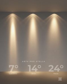 three spotlights are on the wall in front of an advertisement for art 70 pro stella