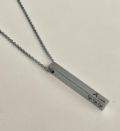 "This listing is for ONE 3D stainless steel necklace. It is available in stainless steel, or rose gold or gold plated stainless steel, with a coordinating chain. The chain is available in 18\", 20\", 22\" or 24\". I can engrave each side of the bar( 5x40mm) with a name, date, coordinates, short quote or message, Bible verse reference, etc. In the personalization box, you will enter what to engrave on each side of the bar. Front Left Right Back For example: Front NLS Left I Love You Right Lauryn Customized Stainless Steel Necklaces For Mother's Day, Adjustable Stainless Steel Necklace For Mother's Day, Personalized Stainless Steel Jewelry As Gift For Her, Custom Name Stainless Steel Jewelry Gift For Her, Custom Name Stainless Steel Pendant Jewelry, Nickel Free Stainless Steel Necklace For Anniversary, Custom Name Stainless Steel Pendant, Nickel Free Stainless Steel Anniversary Necklace, Stainless Steel Pendant Necklace For Personalized Gifts