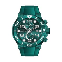 This eye-catching Invicta watch from the Pro Diver collection is powered by an accurate Quartz movement, green case. Its face is decorated by a green , metal dial, and protected by a sturdy Flame Fusion Crystal. A green , silicone band completes this timepiece that can resist water for up to 100 m. Plunge into any horizon using the steadfast guidance of the Invicta Pro Diver. Stylishly classic, internal workings are forged with variations of bold movements. Built with confident prowess, the fort Luxury Green Watches With 10atm Water Resistance, Luxury Green Chronograph Watch With Metal Dial, Invicta Mens Watch, Invicta Watches Pro Diver, Silver Automatic Diving Watch Accessories, Green Cases, Invicta Watches, Silicon Bands, Diver