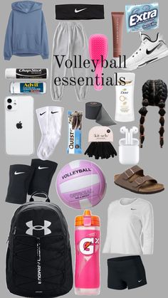 an assortment of items that include shoes, clothing and water bottles are shown in this image