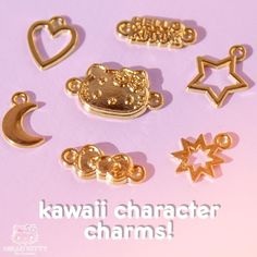 several charms are shown with the words kawaii character charms written below them on a pink background