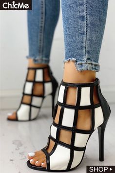 Contrast Color Peep Toe Caged High-heel Sandals Daily Shoes, Ankle Strap Chunky Heels, Heel Accessories, Trend Fashion, Lace Up Heels, Womens Fashion Trends, Latest Fashion For Women, High Heel Sandals, Womens Heels