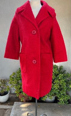 Vintage custom made red tweed wool short coat black red satin lining S/M. No labels. Beautifully made , pockets are lined and thick heavy wool blend.  Good condition with 3 tiny holes on one sleeve. ( last photo) Weight is 3 pounds Measurements  Shoulders 16" Sleeves 19" Bust waist 40" Hips 42" Length 36" Red Single-breasted Wool Coat For Fall, Red Single-breasted Wool Coat For Winter, Red Single Breasted Wool Coat For Winter, Red Wool Long Pea Coat, Fitted Red Wool Long Coat, Classic Red Long Wool Coat, Fitted Red Long Pea Coat, Red Fitted Wool Coat For Fall, Fitted Red Wool Coat For Fall