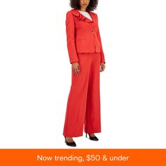 in stock Elegant Fall Ruffled Sets, Elegant Fall Sets With Ruffles, Elegant Ruffled Sets For Fall, Fitted Ruffled Workwear Pants, Fitted Ruffled Pants For Workwear, Spring Workwear Sets With Ruffles, Fall Career Pantsuit, Spring Pantsuit With Notch Lapel And Buttons, Spring Fitted Pantsuit For Career