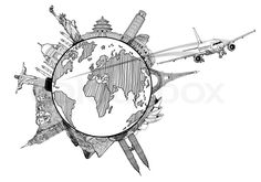 an airplane flying over the earth with buildings and other things around it in black and white