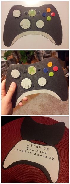 two pictures of a controller made out of paper